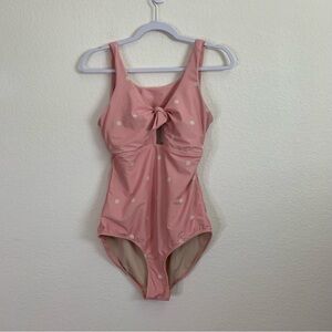 Albion Womens pink white polka dot top knot one piece swimsuit L